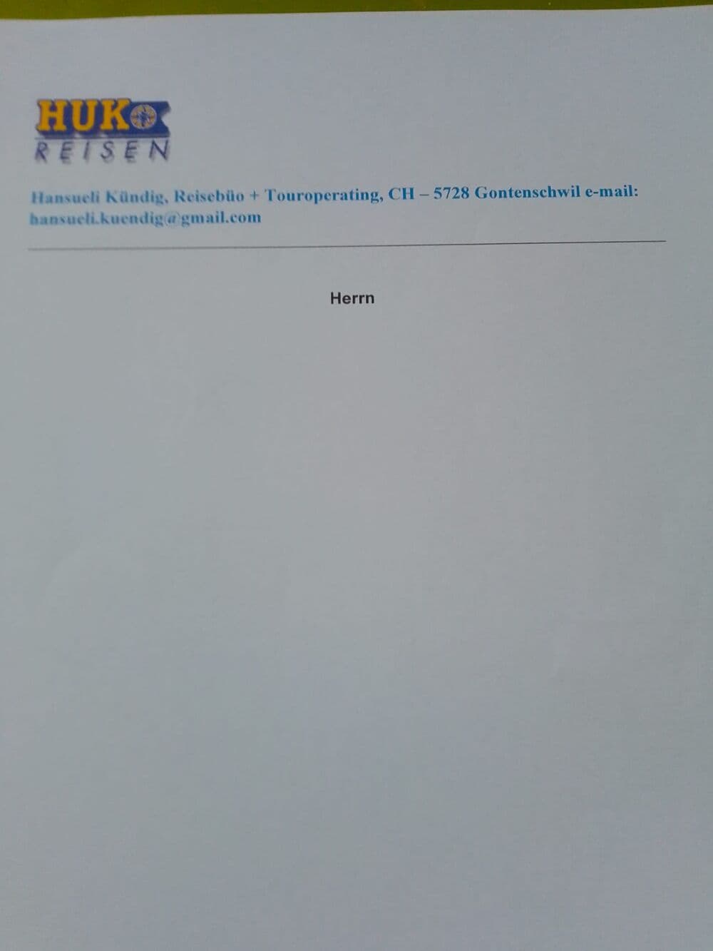 Briefkopf von HUKO Reisen, Hansueli Kündig, Reisebüro + Touroperating, 5728 Gontenschwil