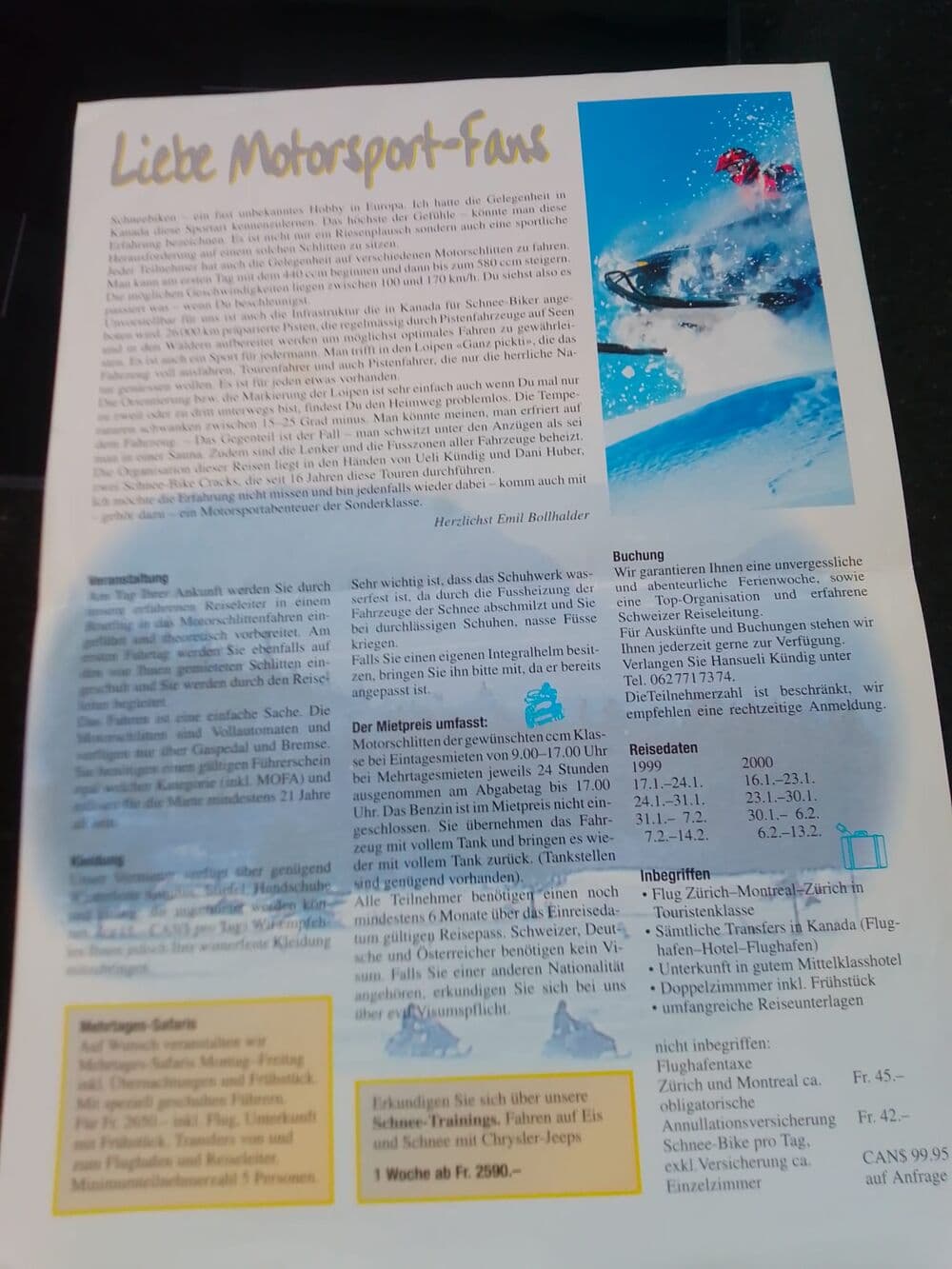 Historischer Reisebrief «Liebe Motorsport-Fans» mit Details zu den Schnee-Bike-Touren in Kanada 1999/2000